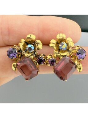 Vintage Rhinestone Earrings Austria Signed Purple Crystal AB Cluster Clip On